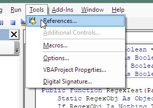 Visual basic tools menu to include a library to the workbook