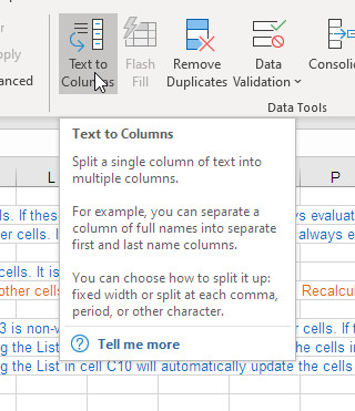 The excel 'text to column function in the ribbon