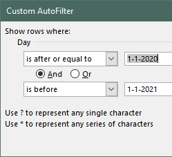 Start en eind waarden geselecteerd met filter