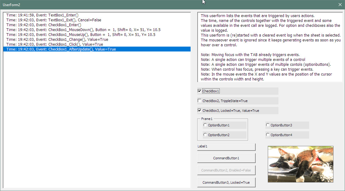 UserForm2 screenshot that lists events triggered by user actions on the controls