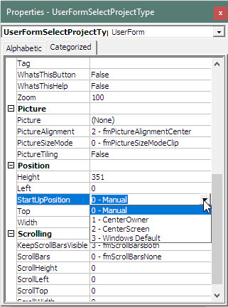 Excel form property StartUp Position