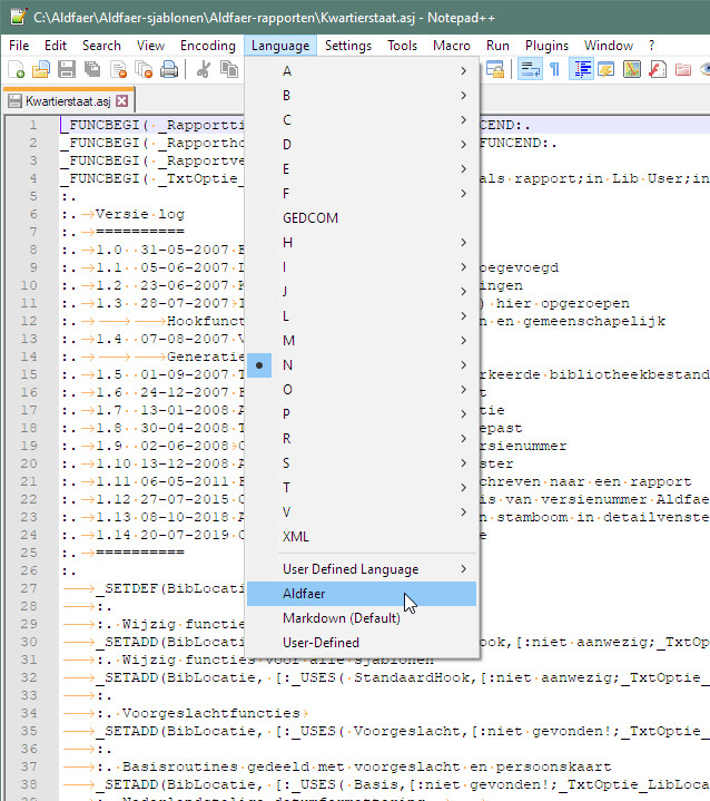 Notepad++ ASJ menu optie
